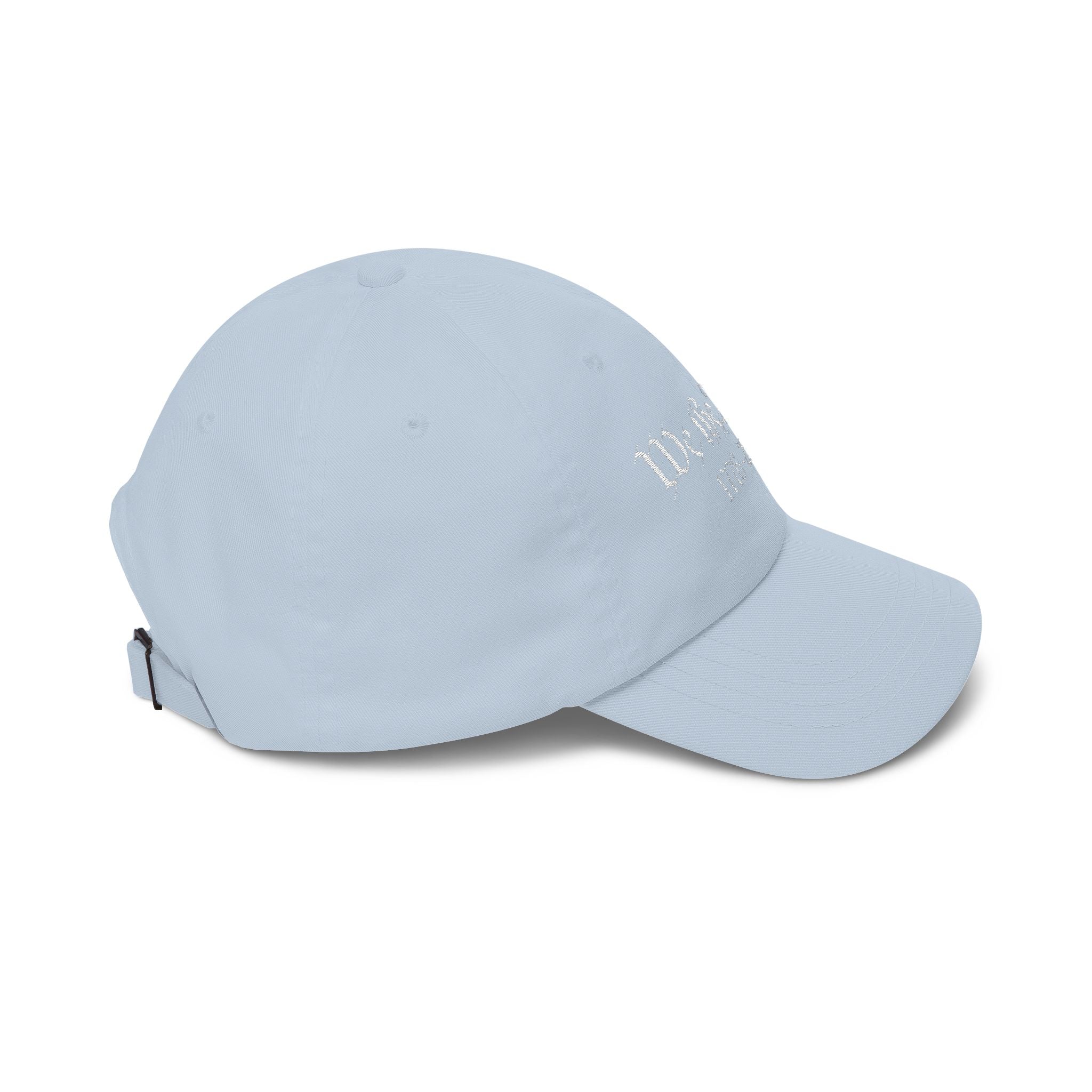 Side view of a light blue baseball cap 