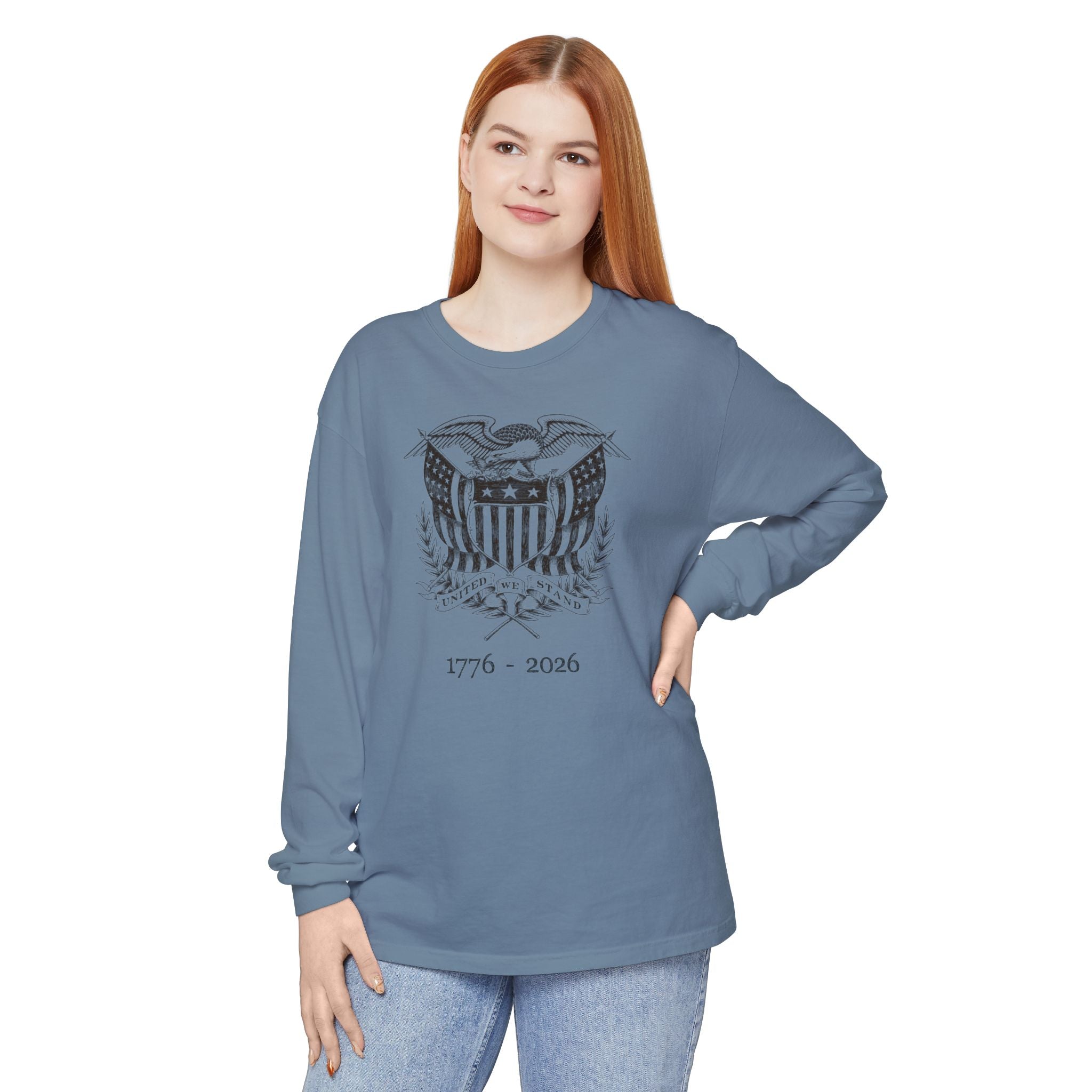 Woman wearing a Blue Jean long sleeve United We Stand eagle t-shirt