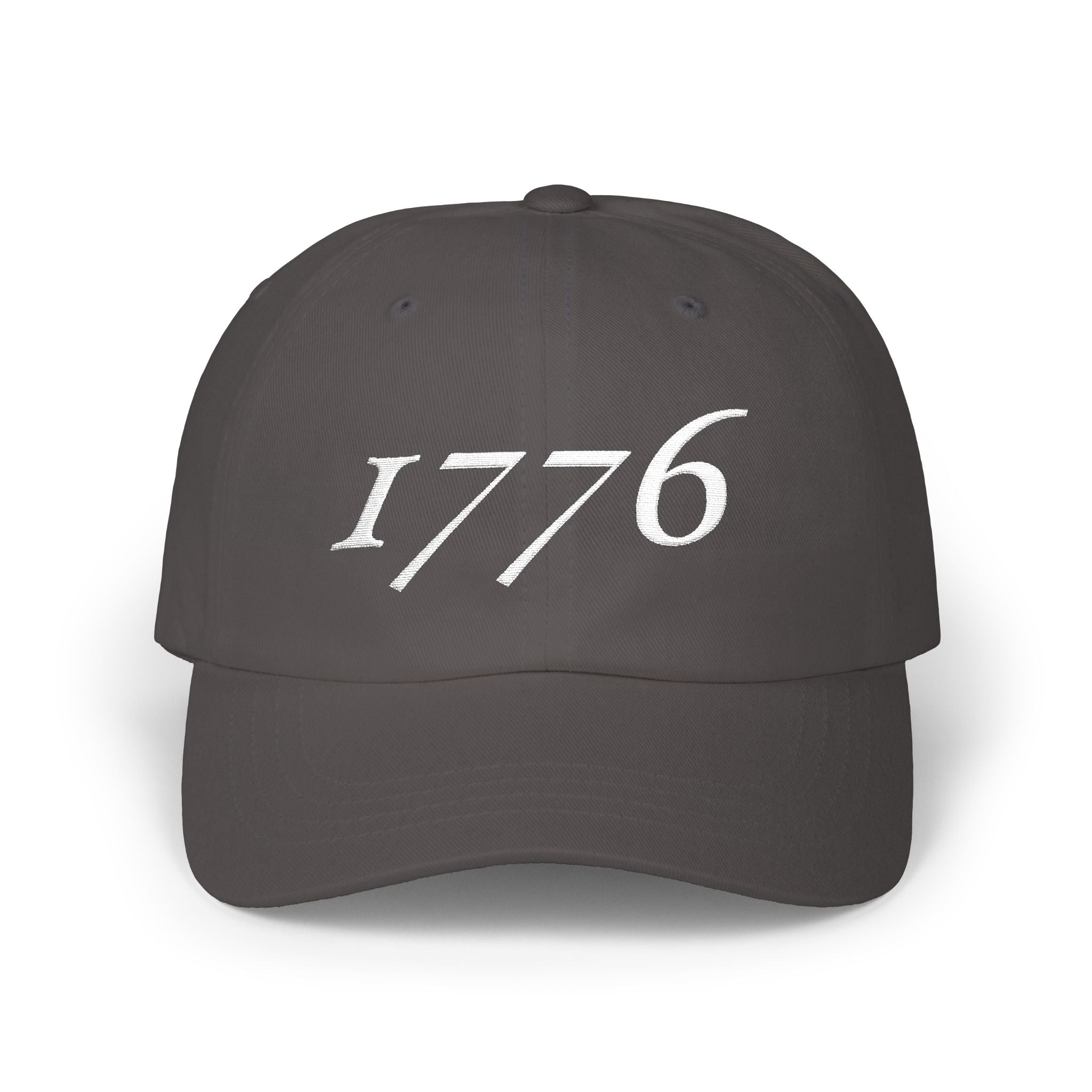 1776 embroidered dad cap in white thread on classic low-profile hat, patriotic America 250 design in dark grey