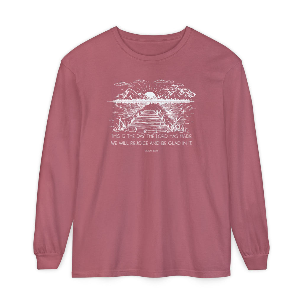 Psalm 118:24 with nature graphic on long-sleeve crimson t-shirt 