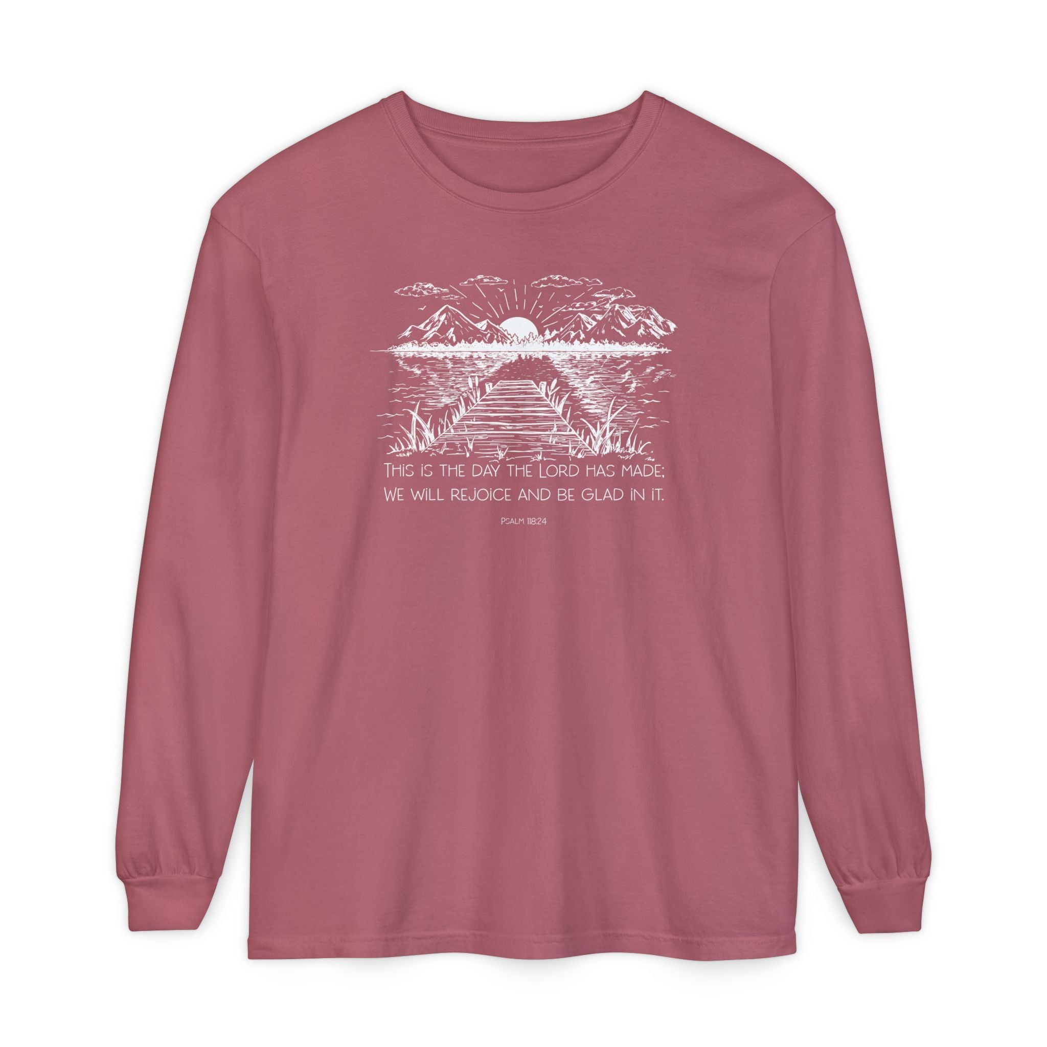 Psalm 118:24 with nature graphic on long-sleeve crimson t-shirt 