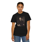 Female model wearing Samuel Adams mezzotint portrait t-shirt in black