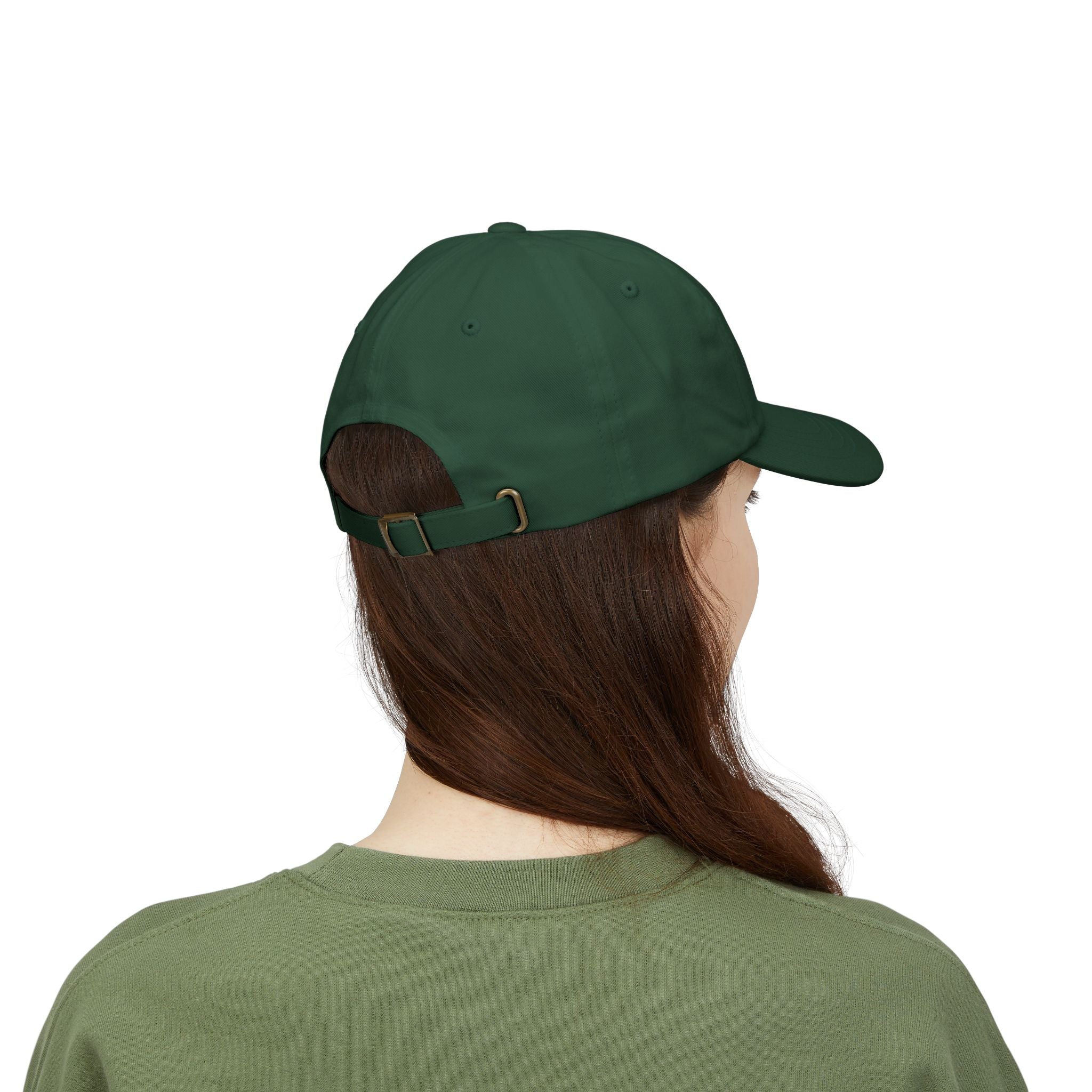 Back view of a woman wearing a spruce green cap