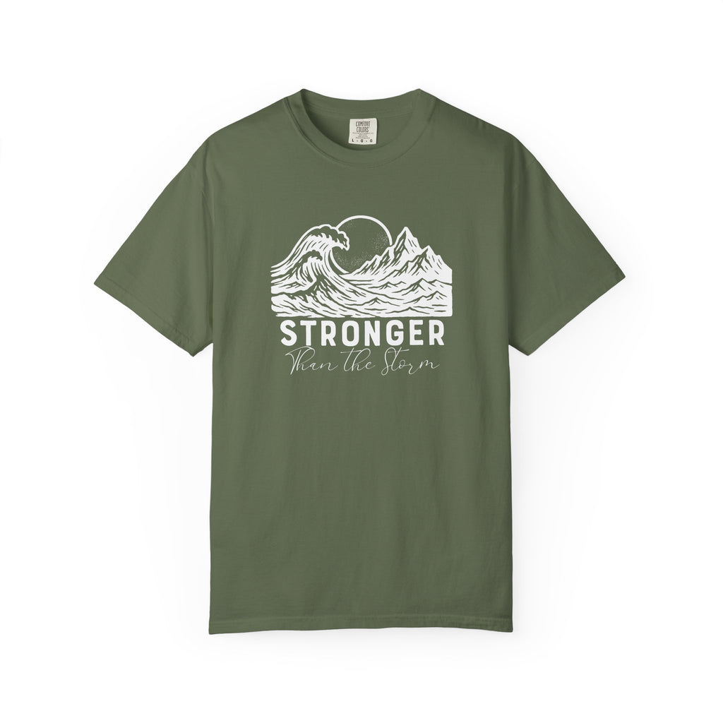 Stronger Than The Storm Christian t-shirt in sage with a mountain wave sun design