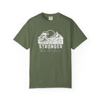 Stronger Than The Storm Christian t-shirt in sage with a mountain wave sun design