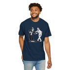 Smiling man wearing Koko the Clown Dancing Ghost meme t-shirt in true navy