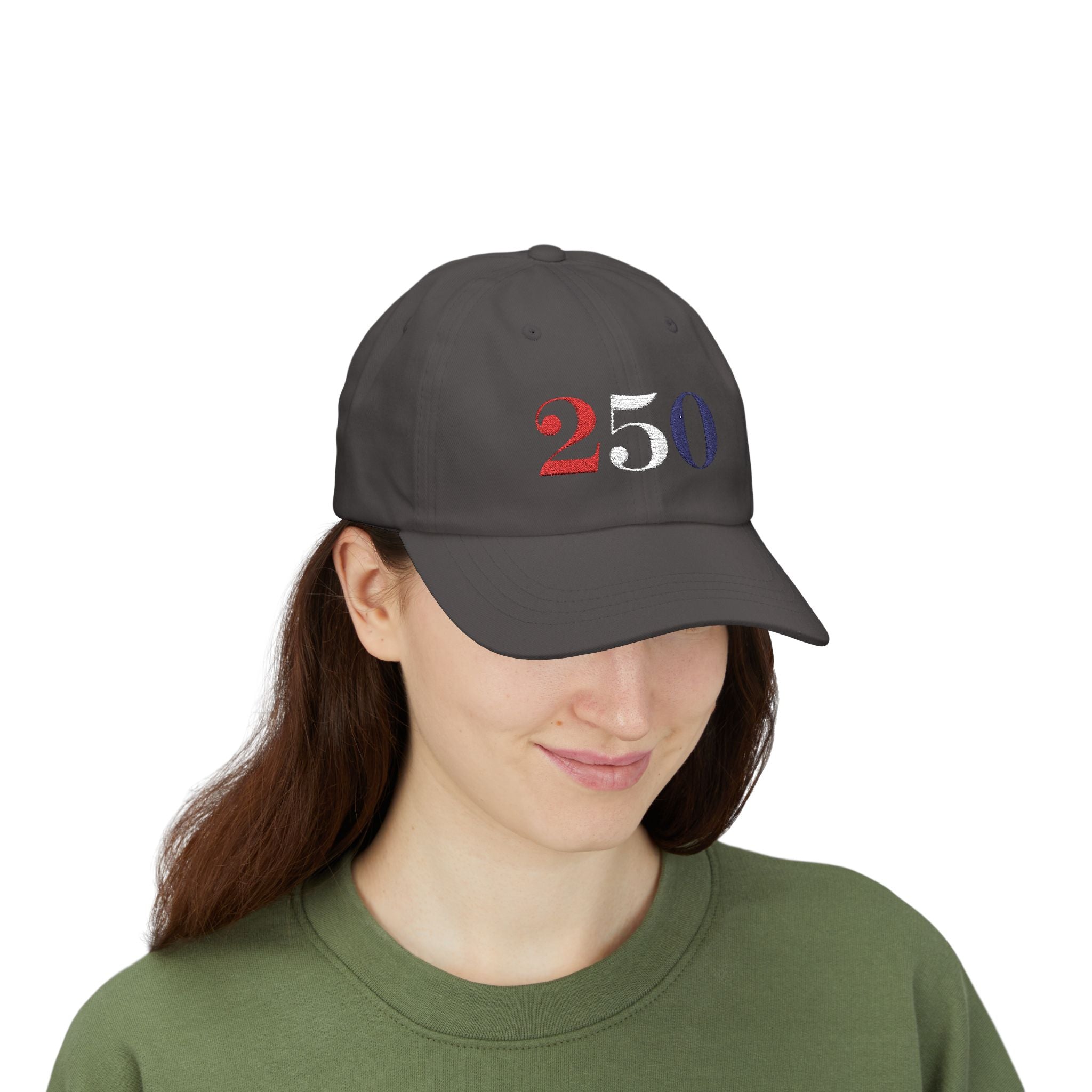 Female model wearing embroidered America 250 bold embroidered dad cap in dark grey