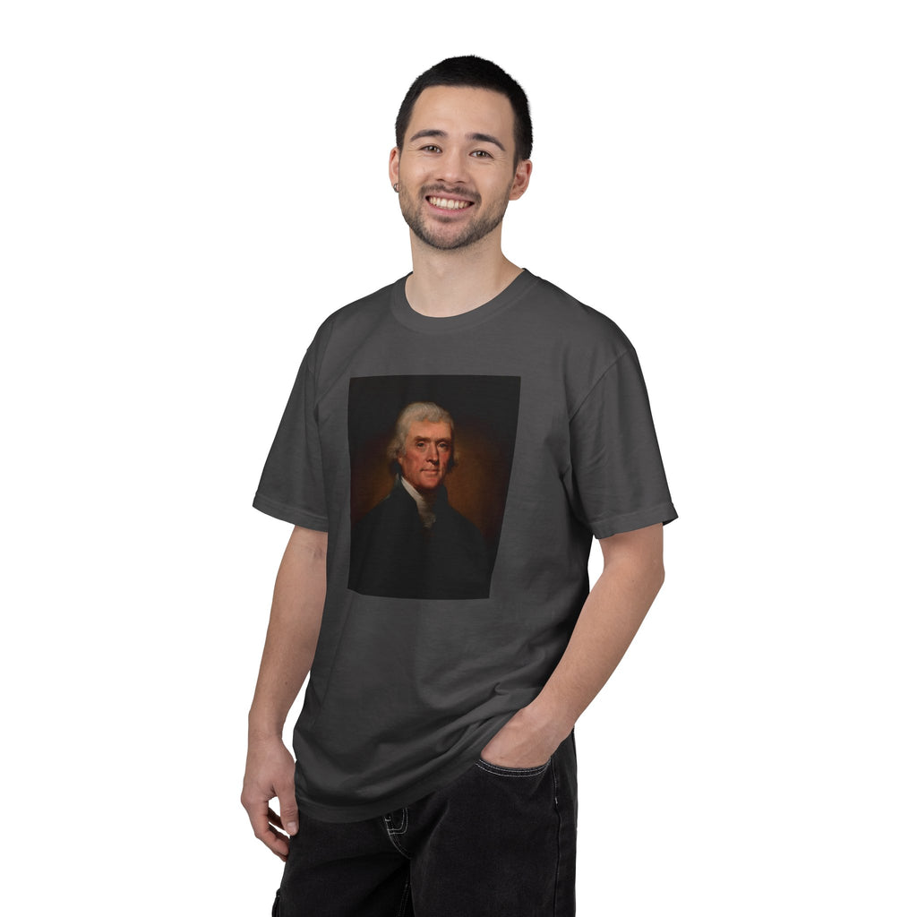 Man wearing Thomas Jefferson portrait t-shirt, graphite