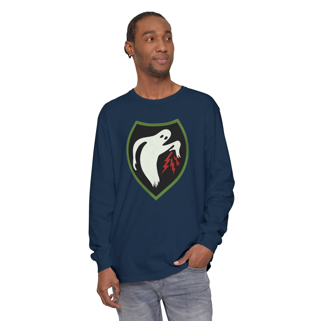 Man wearing Ghost Army long sleeve t-shirt in true navy