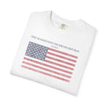 Folded White Comfort Colors t-shirt with distressed American flag graphic and 'They Walked Into the Wrong Republic' quote from Entheos