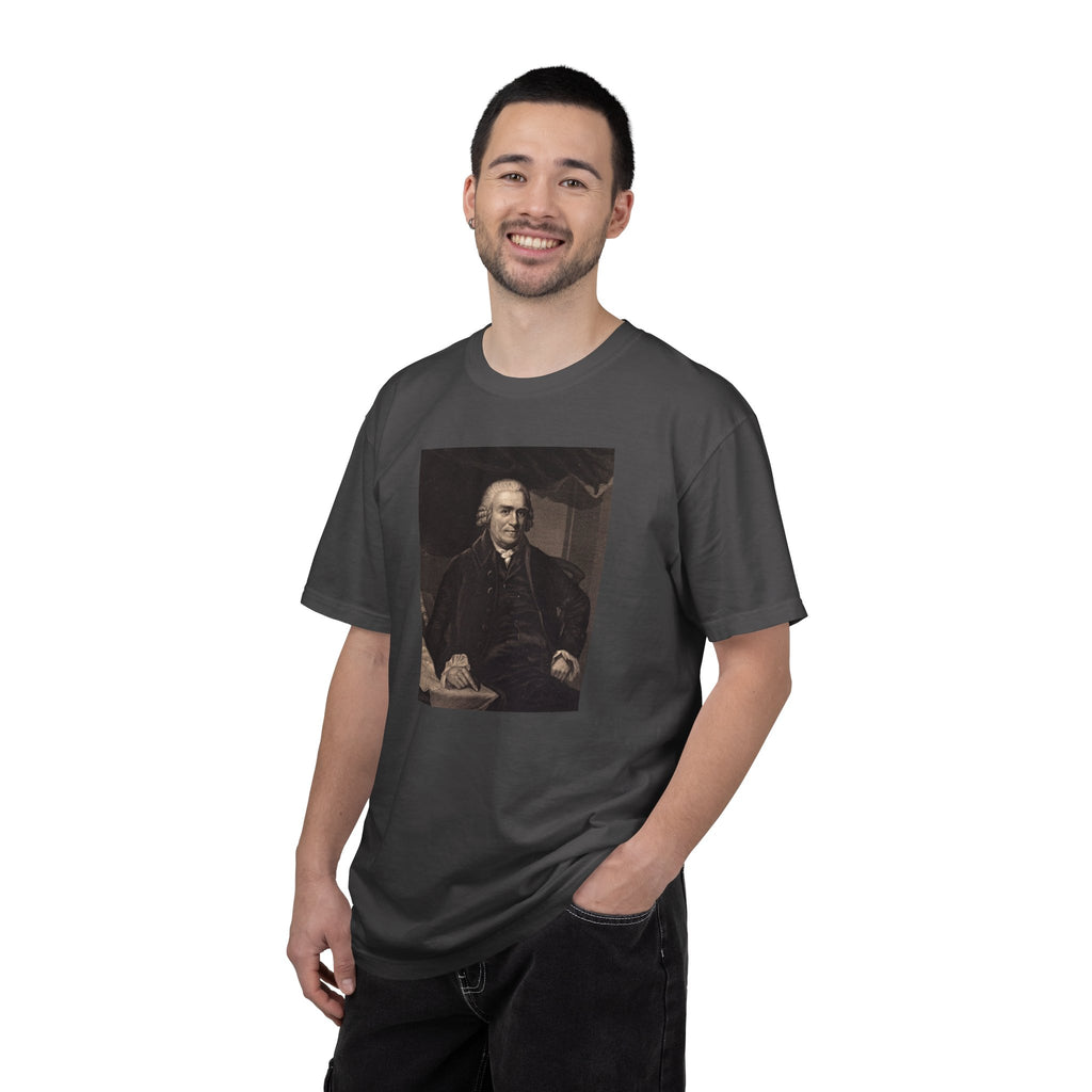 Male model wearing Samuel Adams mezzotint portrait t-shirt in graphite