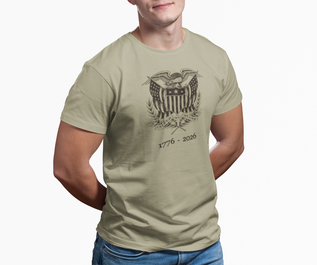 Man wearing a khaki United We Stand eagle t-shirt