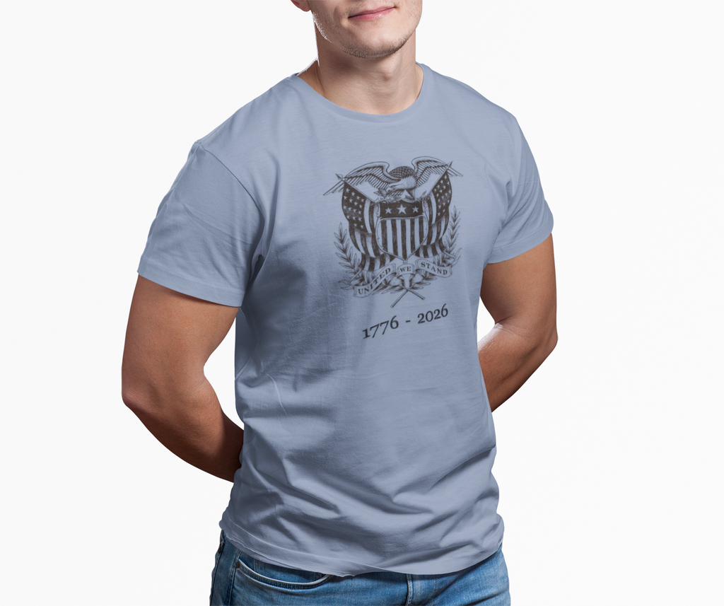 Man wearing a washed denim United We Stand eagle t-shirt