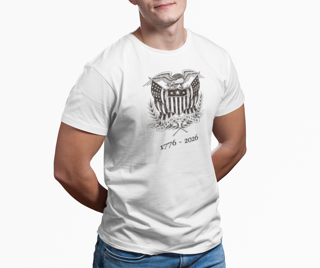 Man wearing a white United We Stand eagle t-shirt