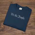 We the People embroidered patriotic t-shirt in true navy on Comfort Colors blank, Constitution script design

