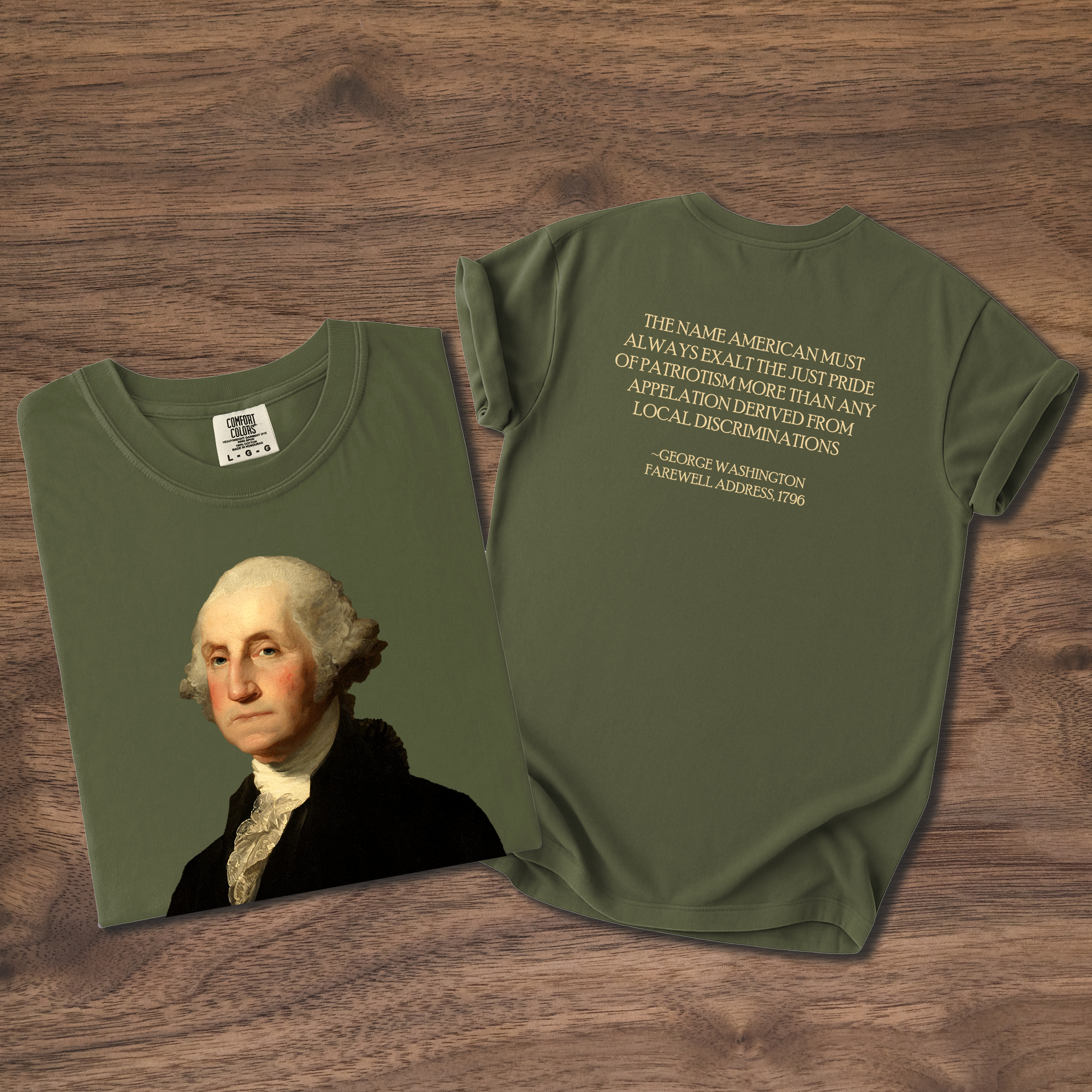 George Washington Founders Collection portrait t-shirt, full Williamstown design on front, farewell address quote on back