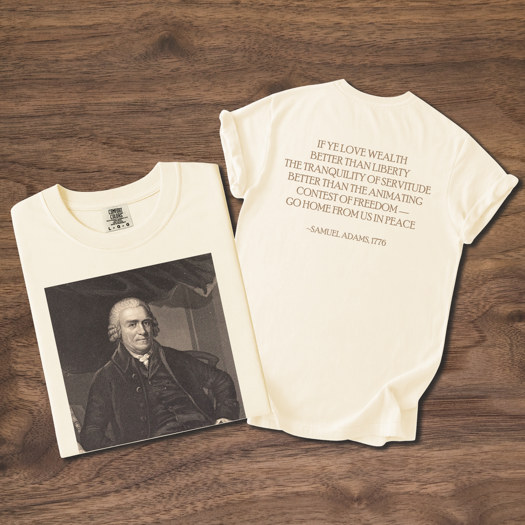 Samuel Adams Founders Collection portrait t-shirt in sepia mezzotint with revolutionary quote back