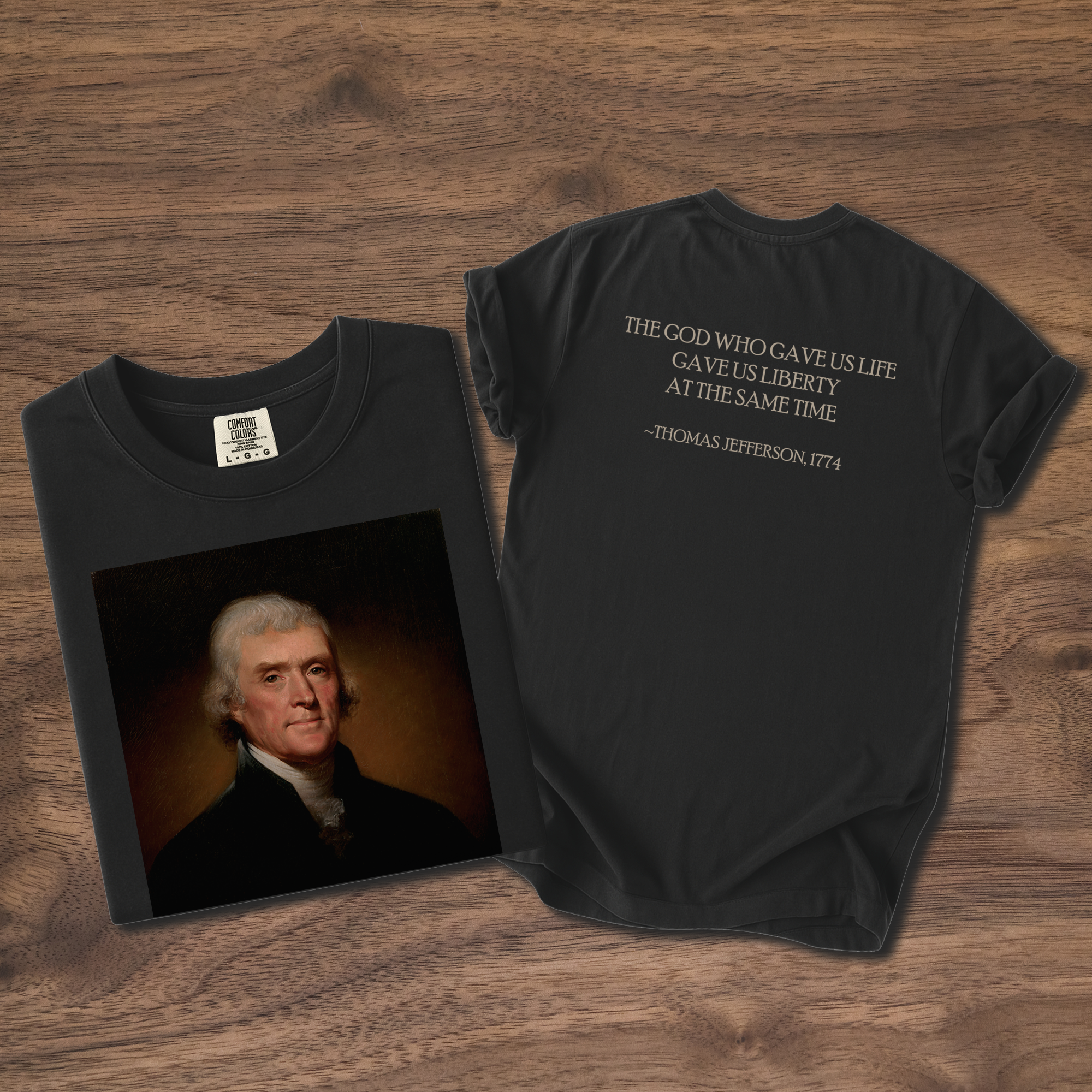 Front and back view of Thomas Jefferson Founders Collection portrait t-shirt with Jefferson quote on the back