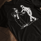 Koko the Clown Dancing Ghost psyop meme t-shirt in monochrome vintage style laying against a wooden surface