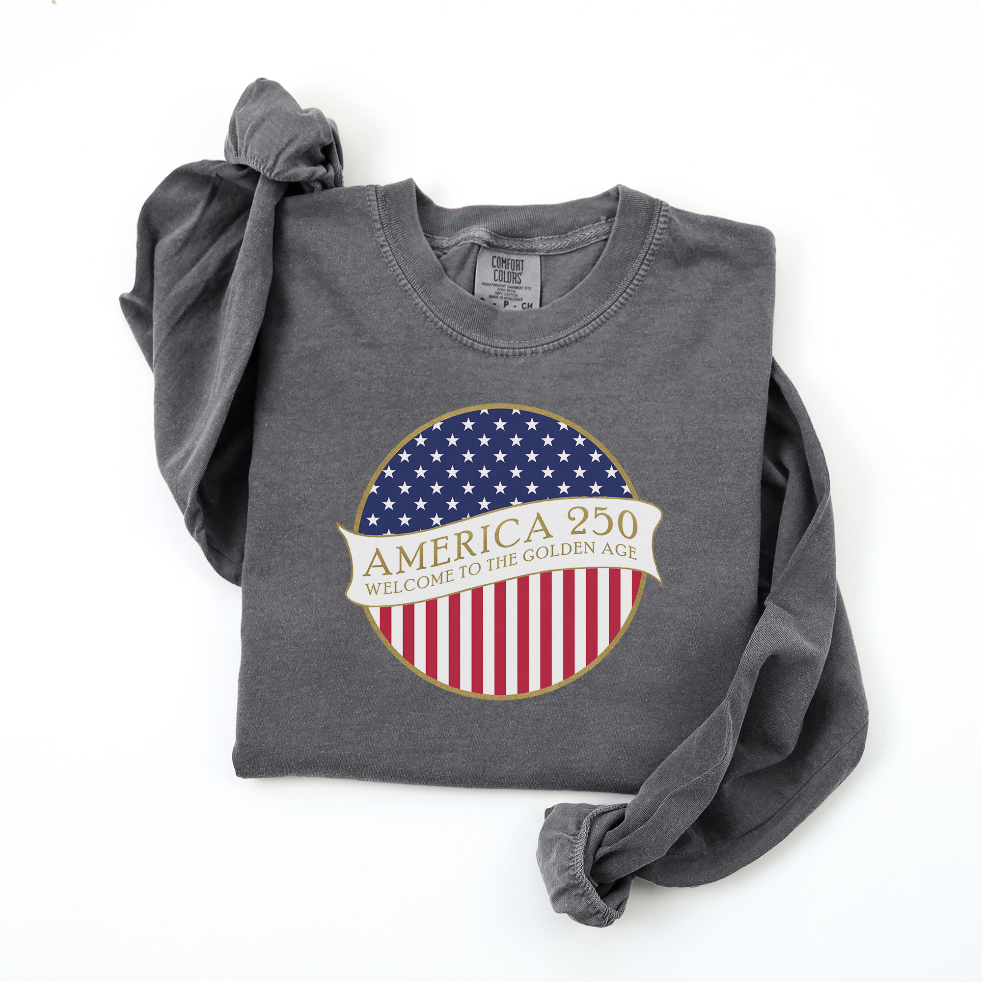 America 250 Golden Age long sleeve t-shirt with stars and stripes shield in pepper