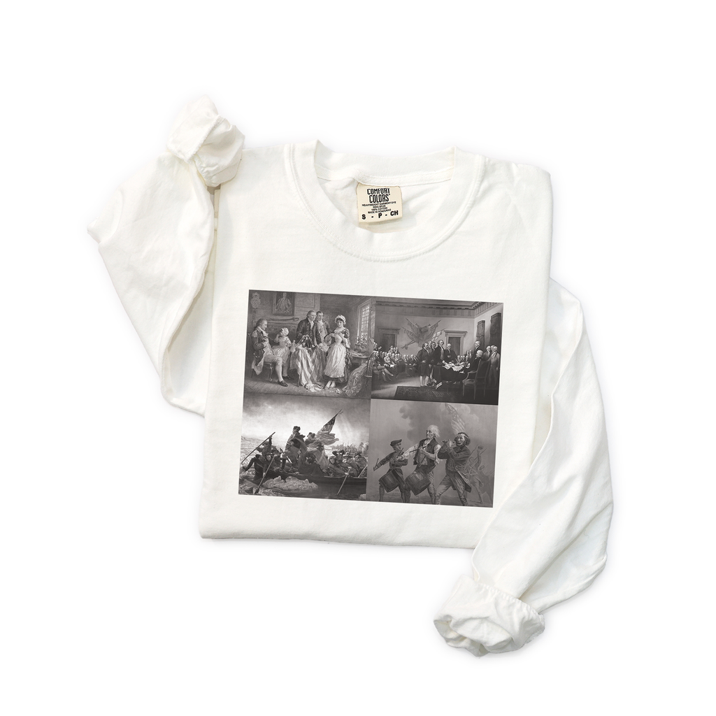 Revolutionary Legacy montage long sleeve cotton t-shirt with Declaration, Crossing the Delaware, Betsy Ross, and Spirit of '76 icons in white