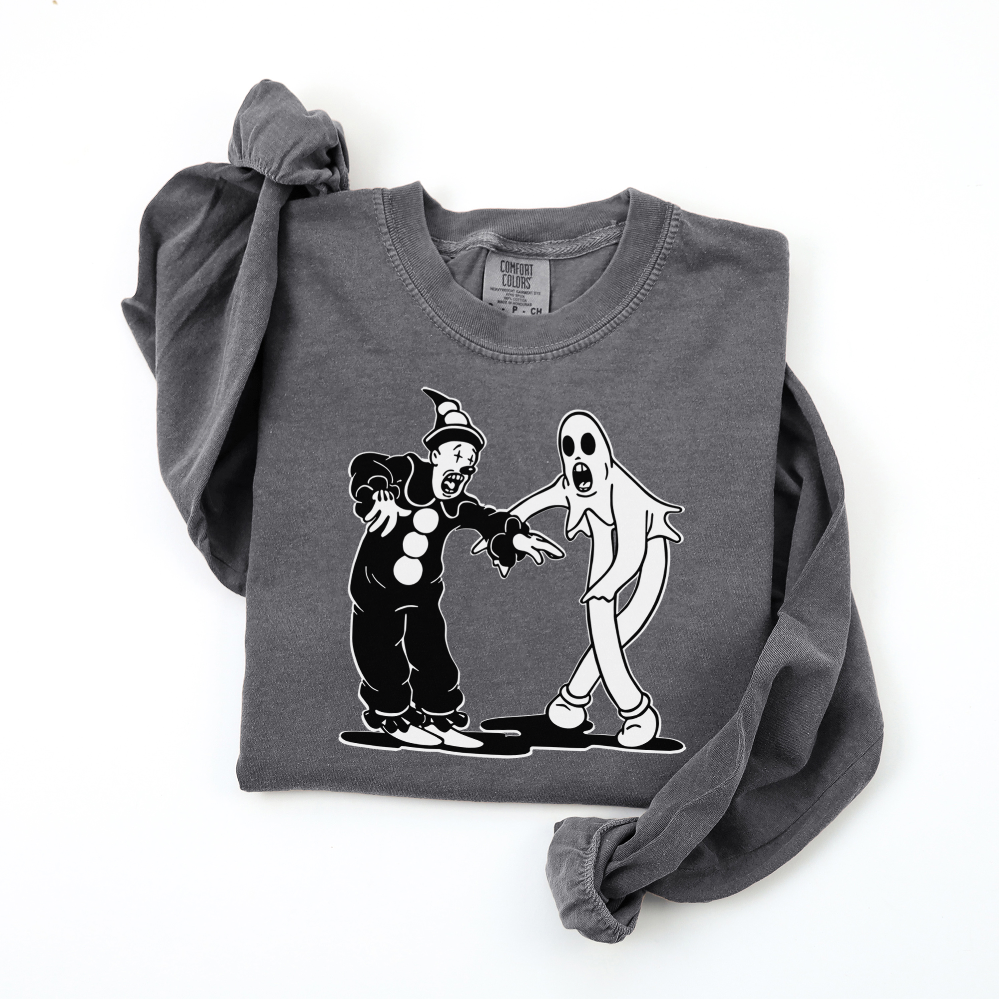 Retro Koko the Clown Dancing Ghost psyop meme long sleeve t-shirt in monochrome vintage style in pepper
