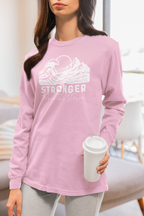 Model wearing Stronger Than The Storm Christian long sleeve tee in blossom