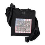 Folded 'Strongest Weapon is a Patriotic American' long sleeve t-shirt with distressed flag in black