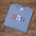 America 250 embroidered t-shirt with big bold 250 in red white blue thread on washed denim tee, patriotic design