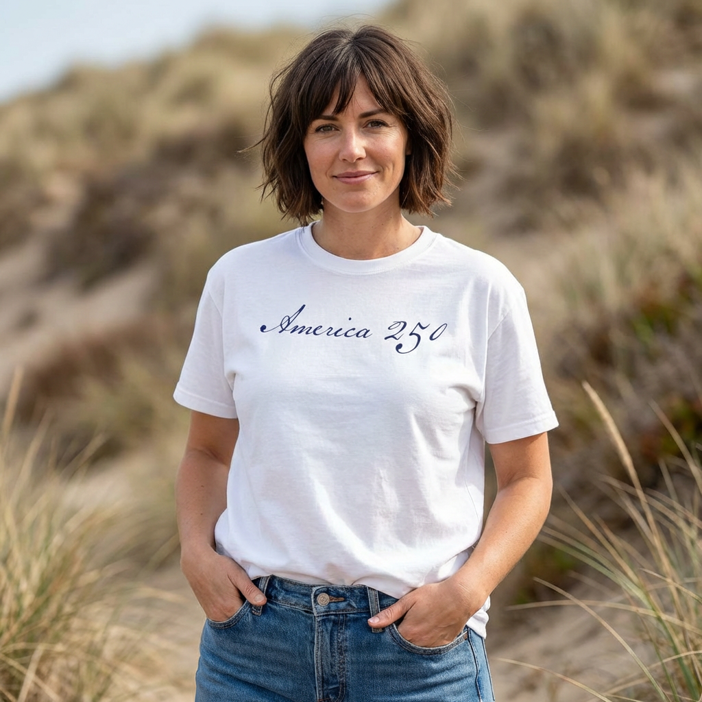 Female model wearing America 250 script patriotic t-shirt in white outdoors