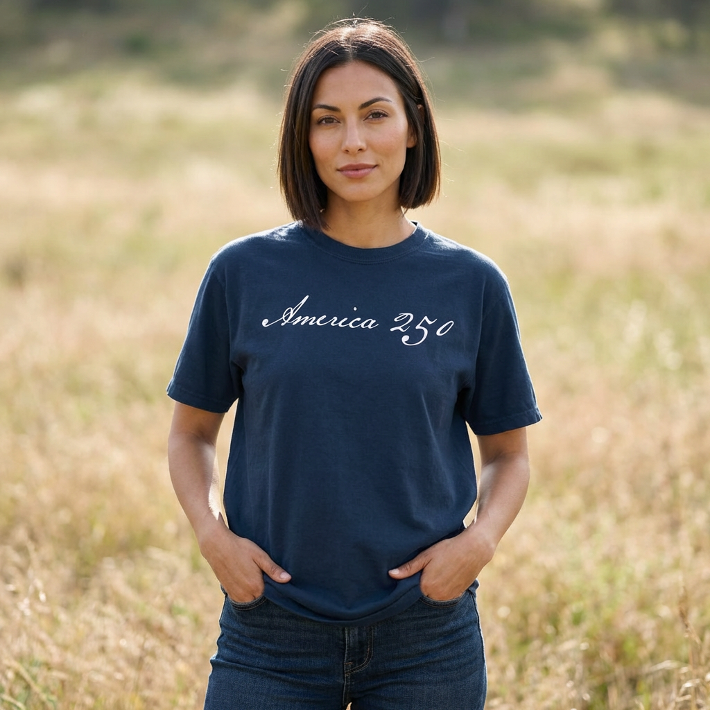 Woman wearing a true navy America 250 script patriotic t-shirt standing outdoors