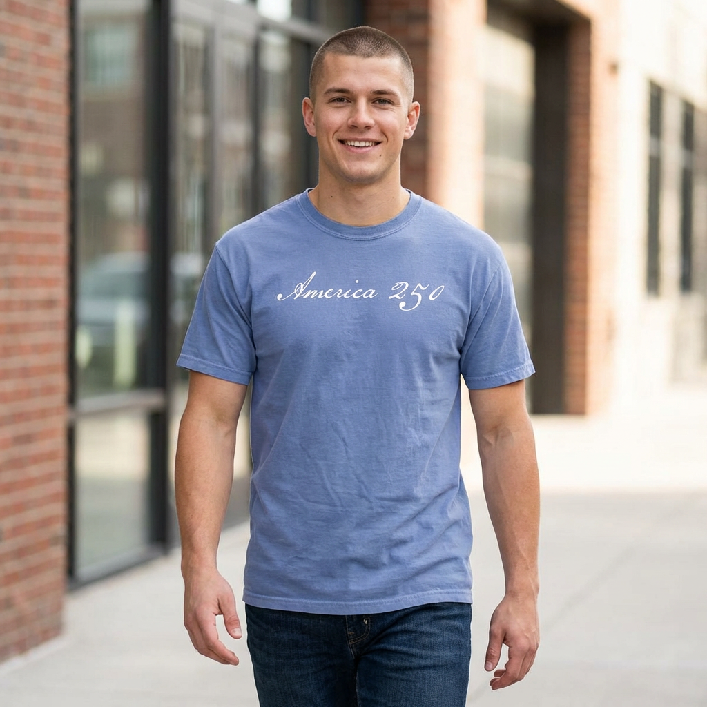 Man wearing a washed denim America 250 script patriotic t-shirt standing outdoors.