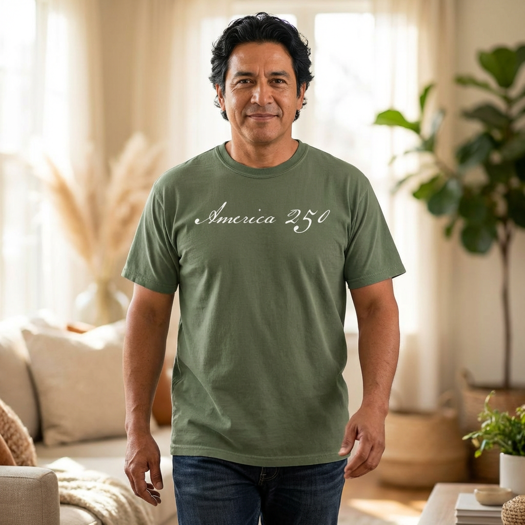 Man wearing a sage America 250 script patriotic t-shirt in a living room setting
