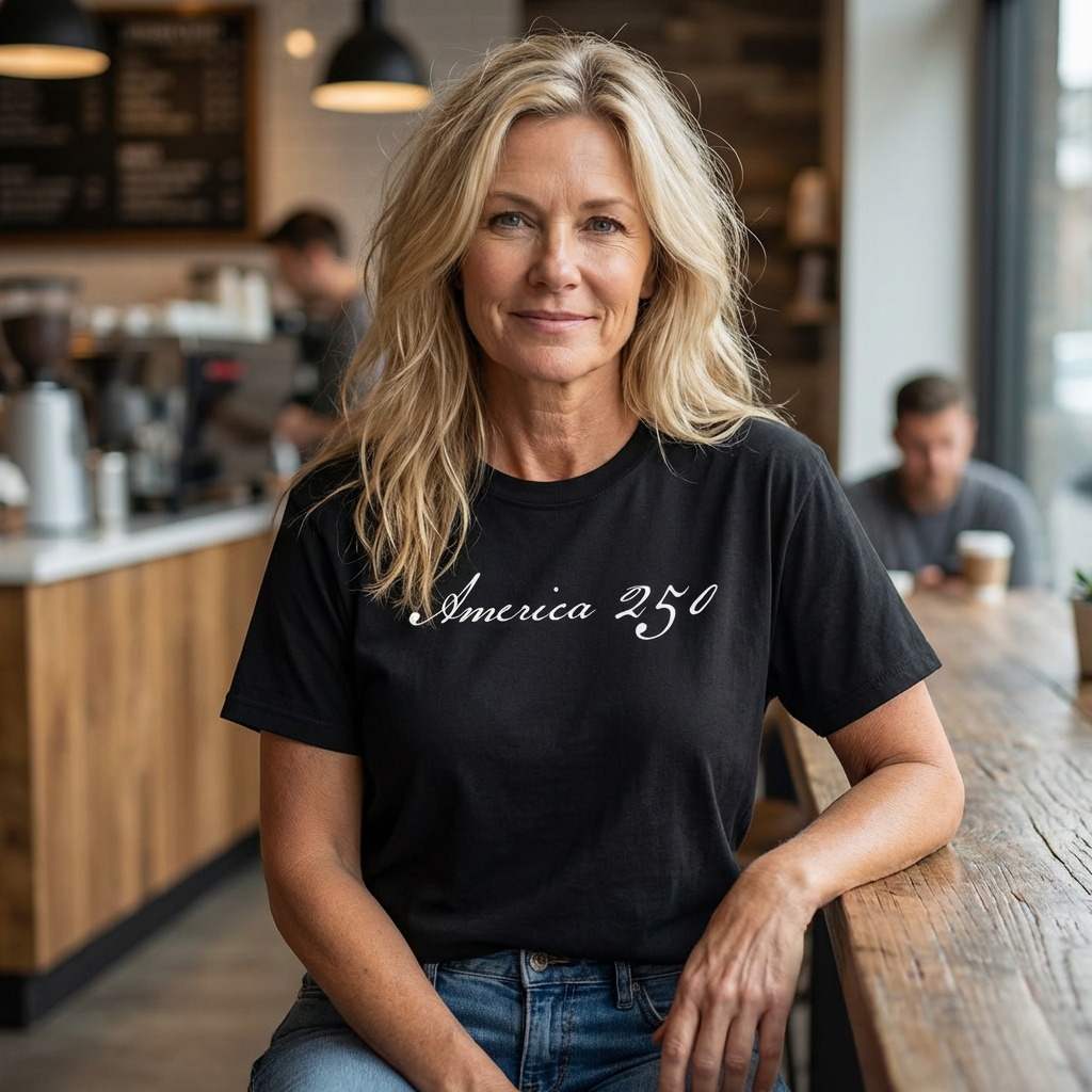 Woman wearing a black America 250 script patriotic t-shirt in a coffee shop