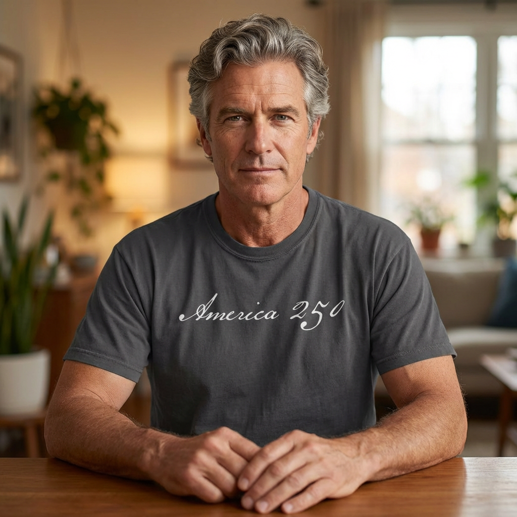 Man wearing a graphite America 250 script patriotic t-shirt in a home setting