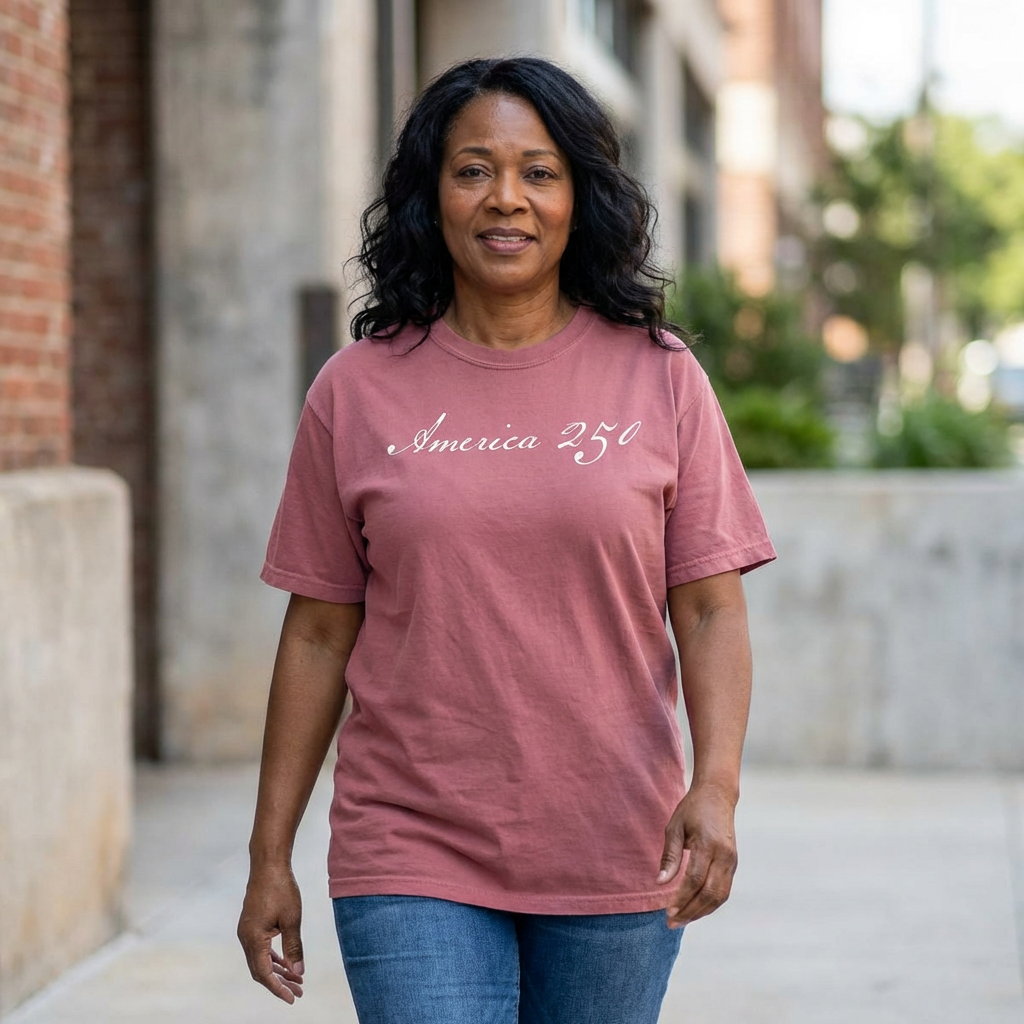 Woman wearing a crimson America 250 script patriotic t-shirt, standing outdoors.