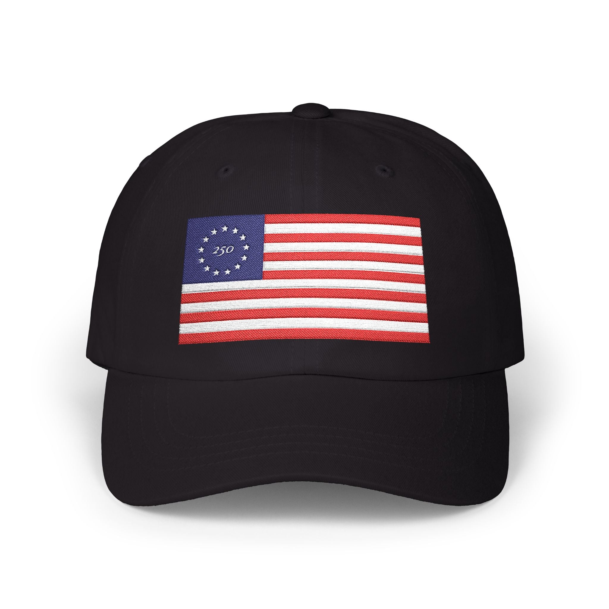 Betsy Ross flag embroidered dad cap with '250' in the stars circle in black, patriotic America 250 design