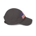 Right side view of dark grey cap embroidered with Betsy Ross Flag