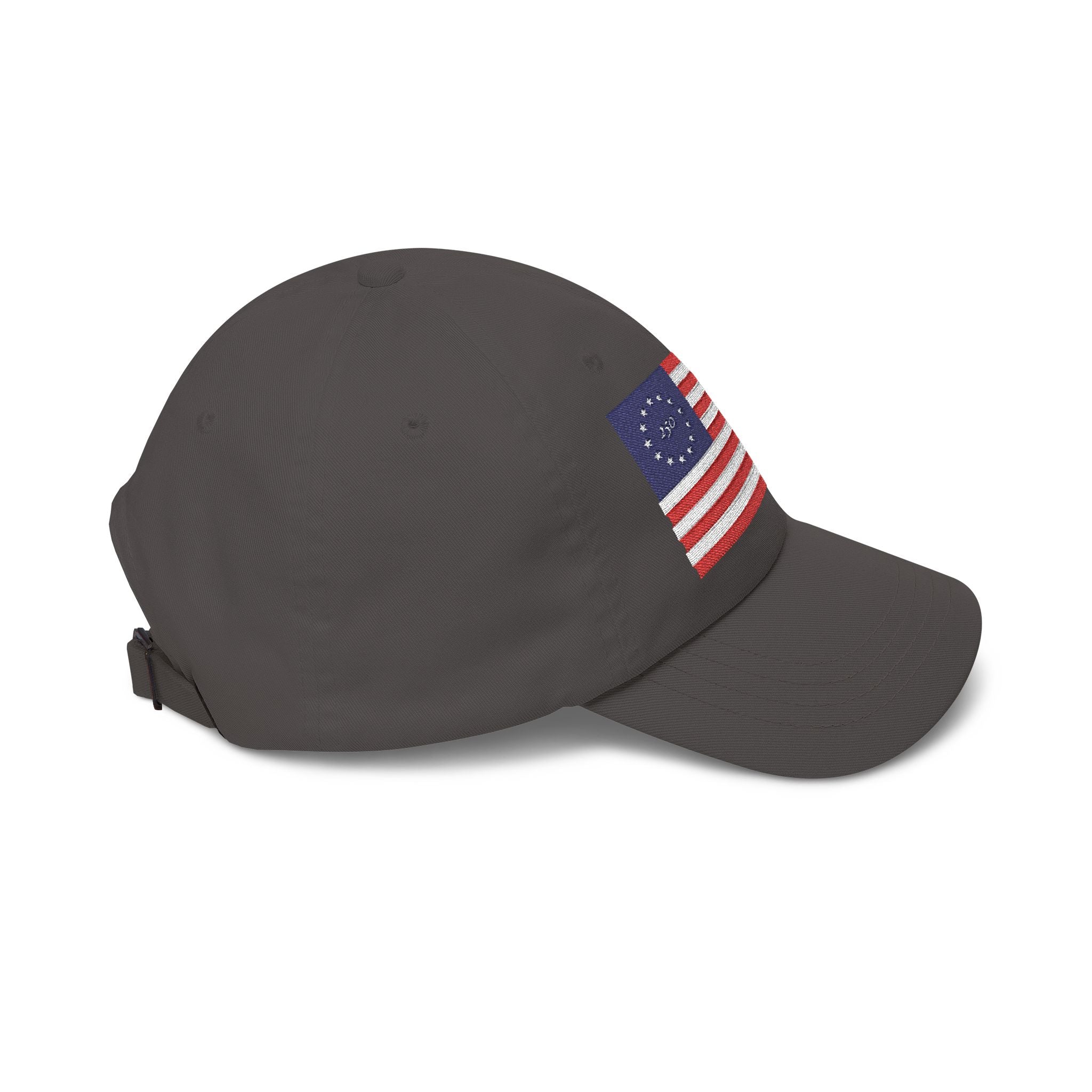 Right side view of dark grey cap embroidered with Betsy Ross Flag