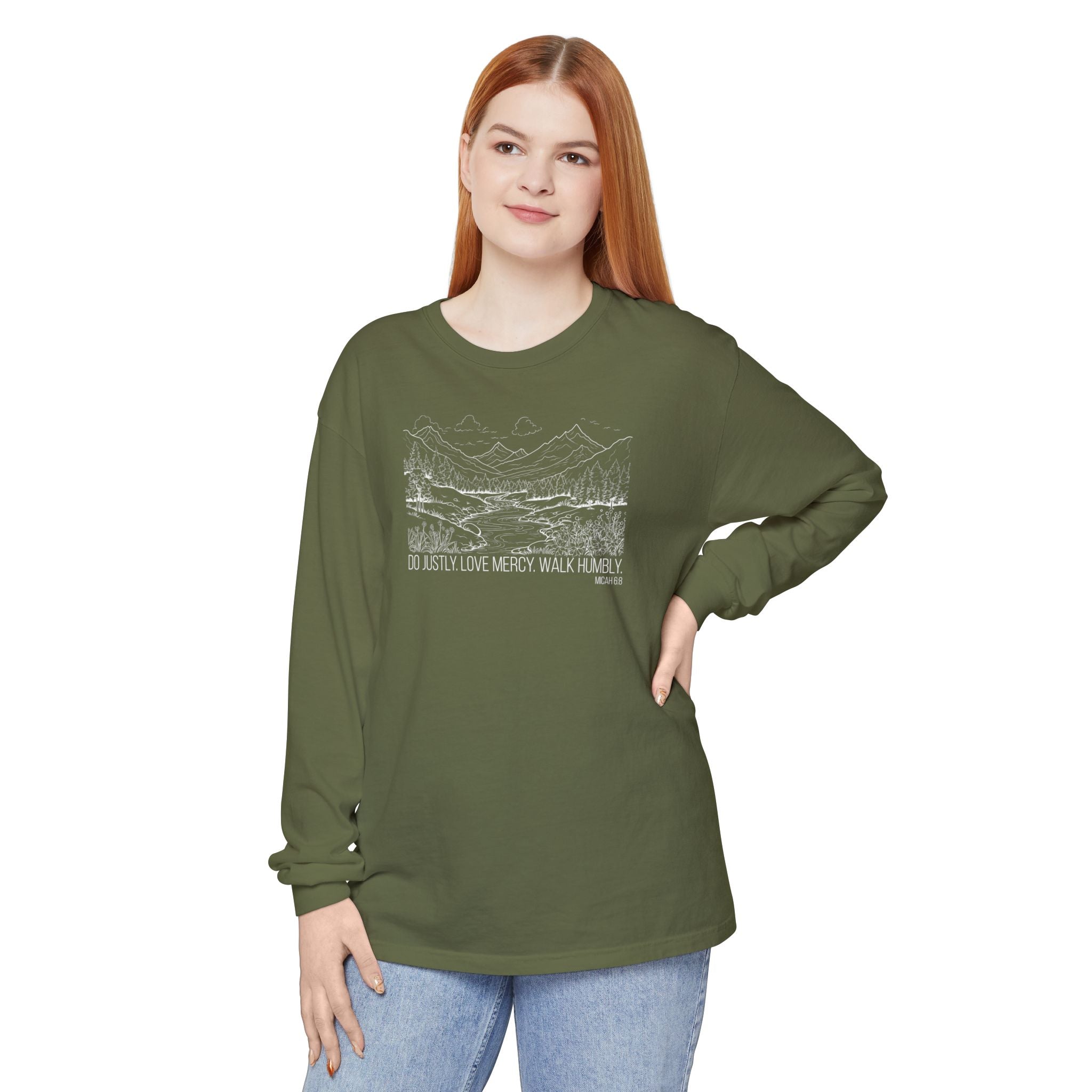 Woman wearing Micah 6:8 Christian long sleeve t-shirt in hemp