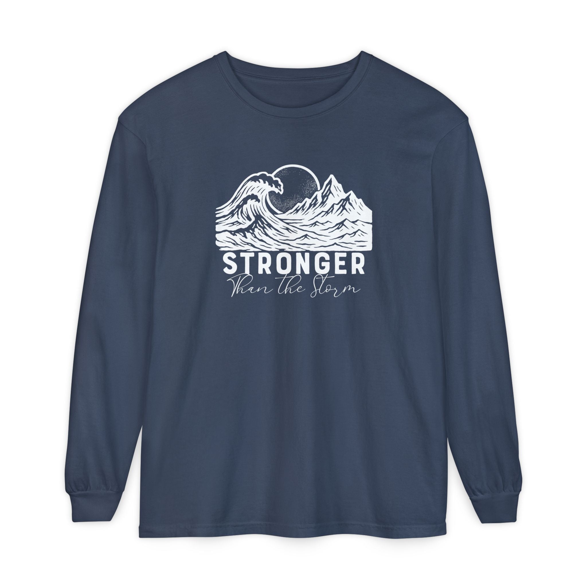 Stronger Than The Storm Christian long sleeve t-shirt in midnight