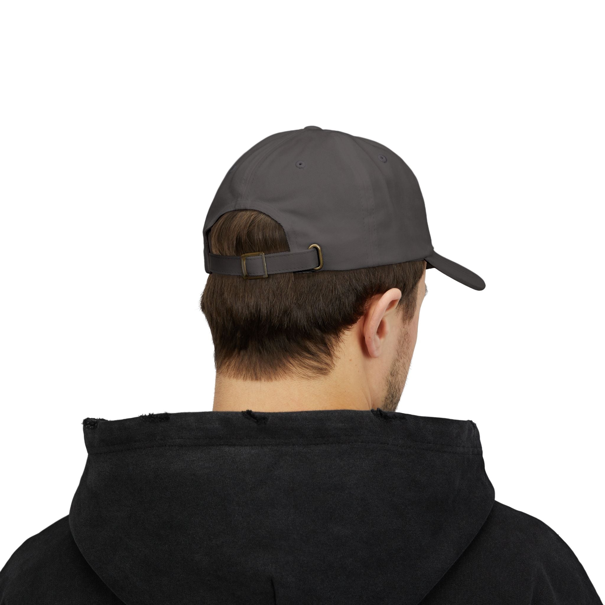 Back view of man wearing a Dark Grey dad cap embroidered with '1776'
