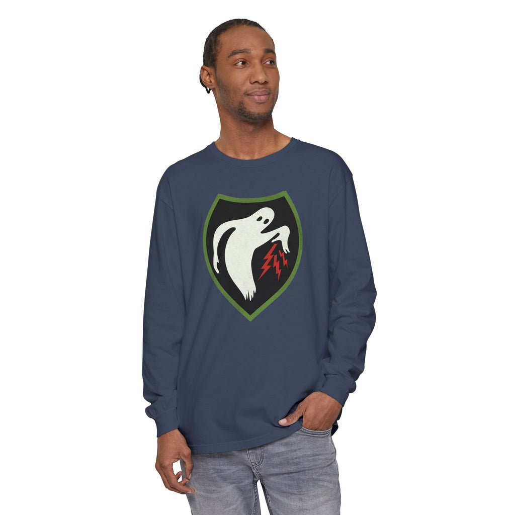 Man wearing Ghost Army long sleeve t-shirt in midnight