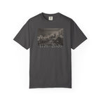 Graphite Comfort Colors t-shirt with a printed design of Trumbull's  'Declaration of Independence' painting with '1776-2026' in overlapping revolutionary era text