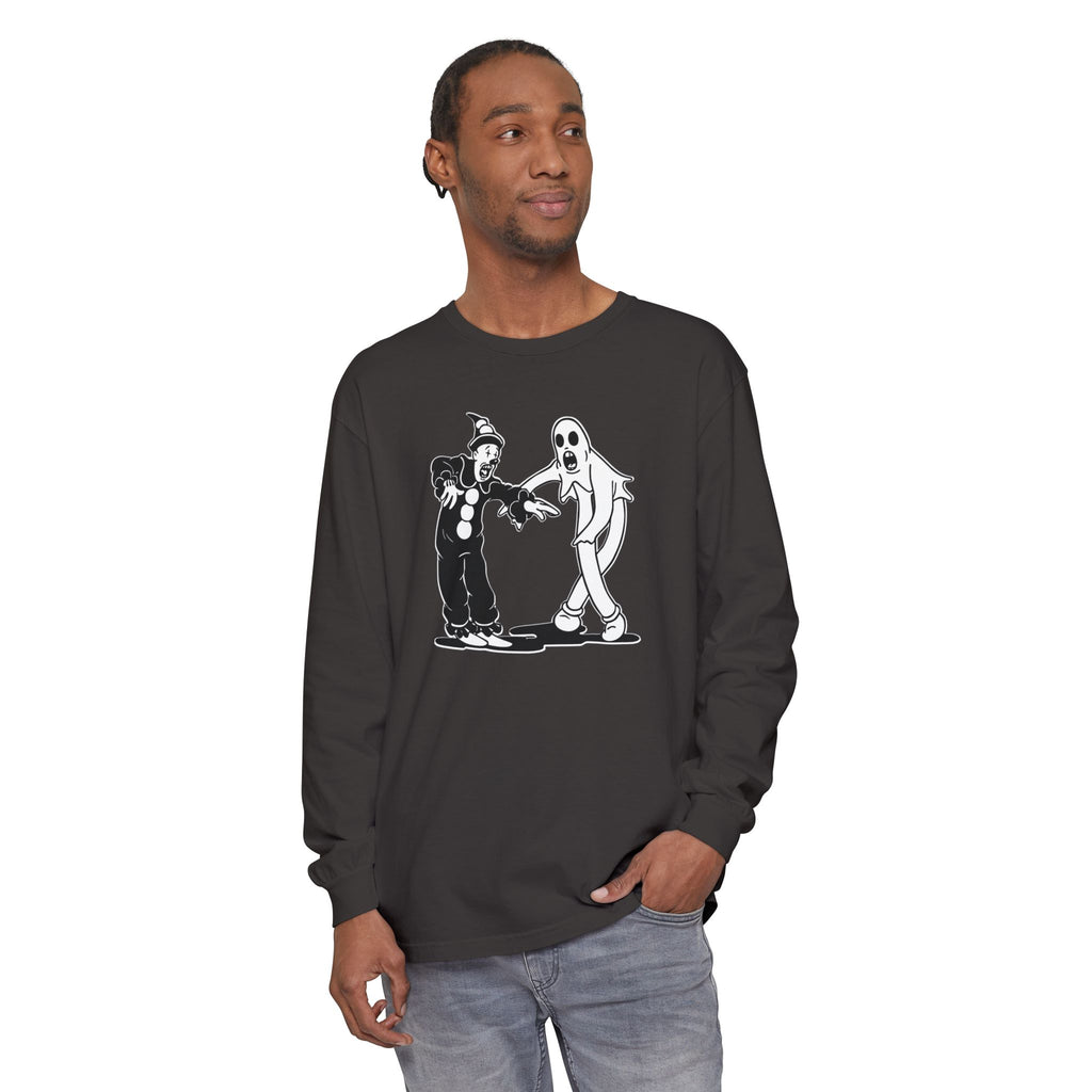 Man wearing Koko the Clown and Dancing Ghost long sleeve t-shirt in graphite