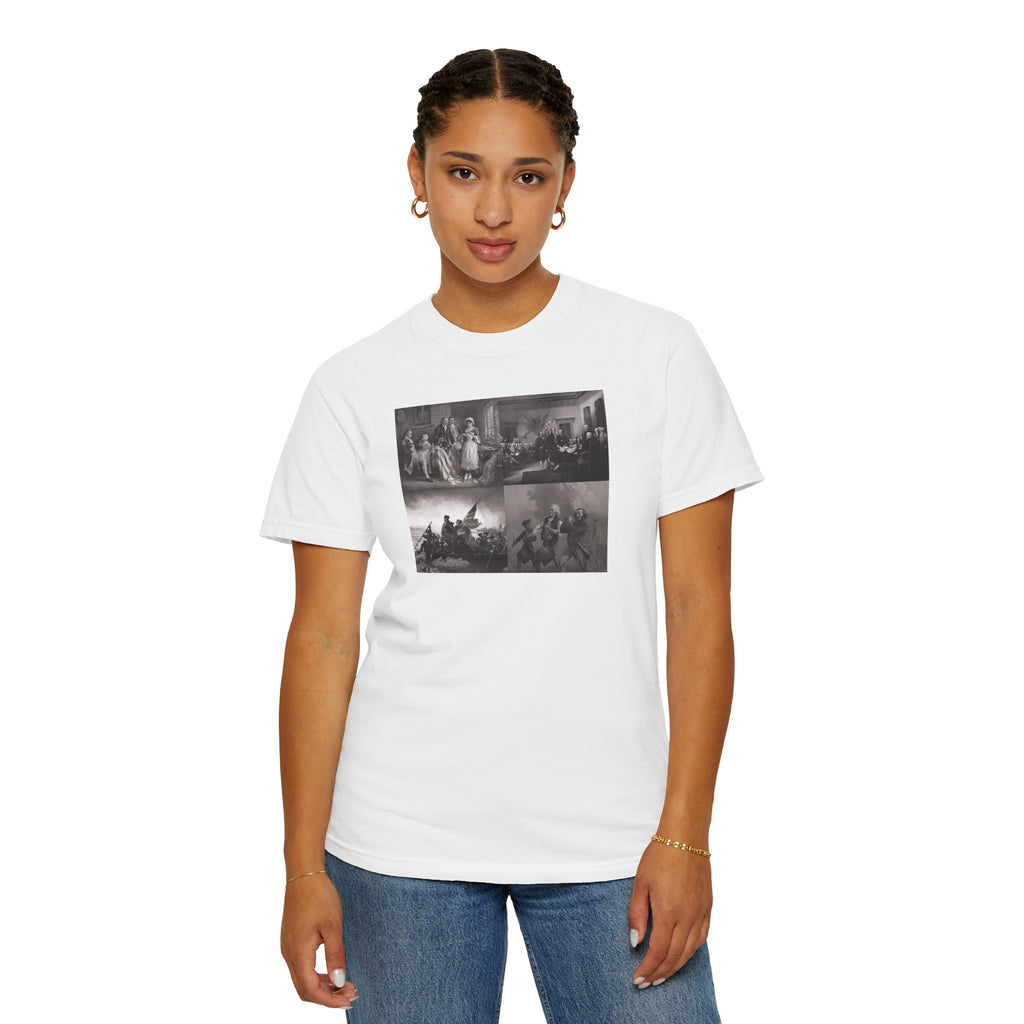 Woman wearing a White Comfort Colors t-shirt printed with a montage of four revolutionary war era paintings