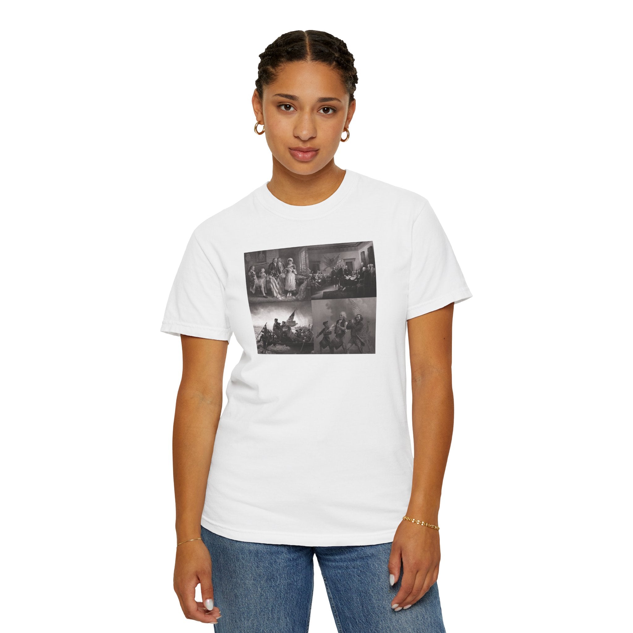 Woman wearing a White Comfort Colors t-shirt printed with a montage of four revolutionary war era paintings