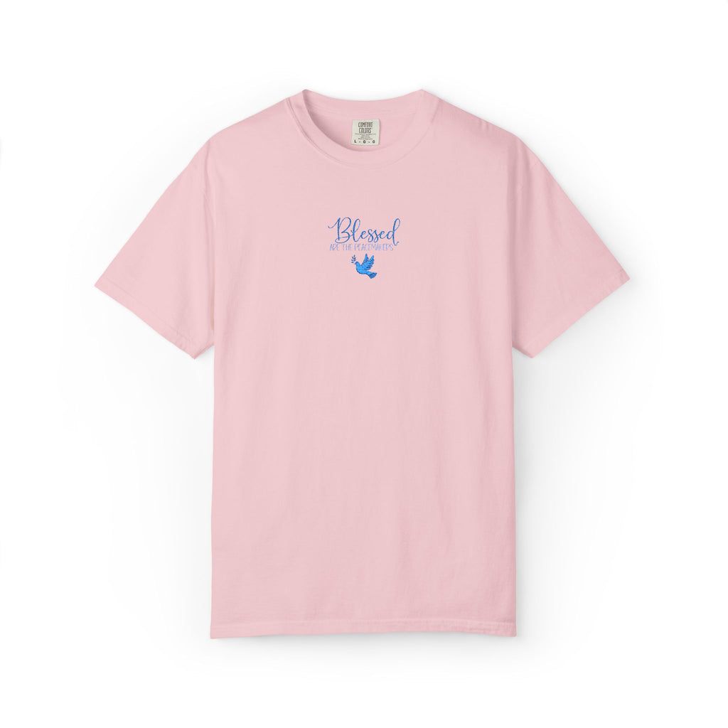 Blossom Comfort Colors t-shirt with embroidered "Blessed are the Peacemakers" + dove in a cornflower blue thread