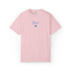 Blossom Comfort Colors t-shirt with embroidered "Blessed are the Peacemakers" + dove in a cornflower blue thread