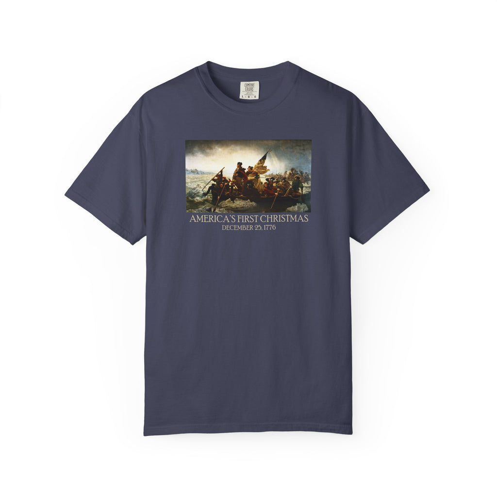 America's First Christmas meme t-shirt Washington Crossing the Delaware 1776 patriotic design in denim
